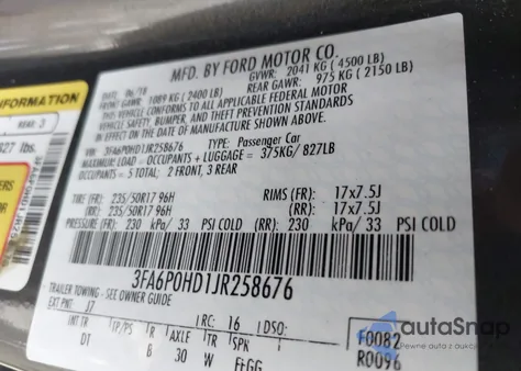 2018 Ford Fusion Se z USA, uszkodzony, nr VIN 3FA6P0HD1JR258676